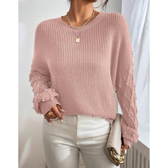 Casual Pink Pearl Round Neck Drop Shoulder - Picture 5 of 6
